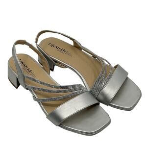 LifeStride Joy Silver Strappy Heeled Sandal Womens 9.5W Rhinestone Slingback